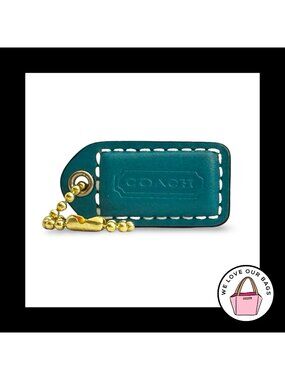 COACH Y2K VINTAGE Hang Tag 1.5" Turquoise Blue Leather Bag Charm Fob Brass Small